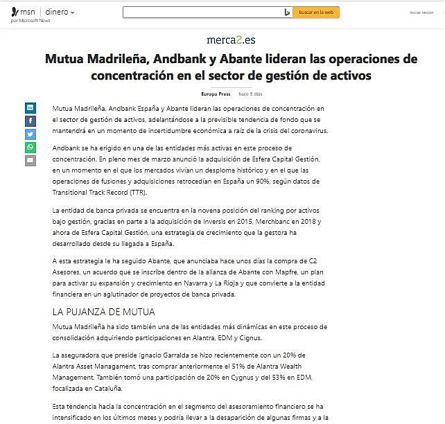 Mutua Madrilea, Andbank y Abante lideran las operaciones de concentracin en el sector de gestin de activos